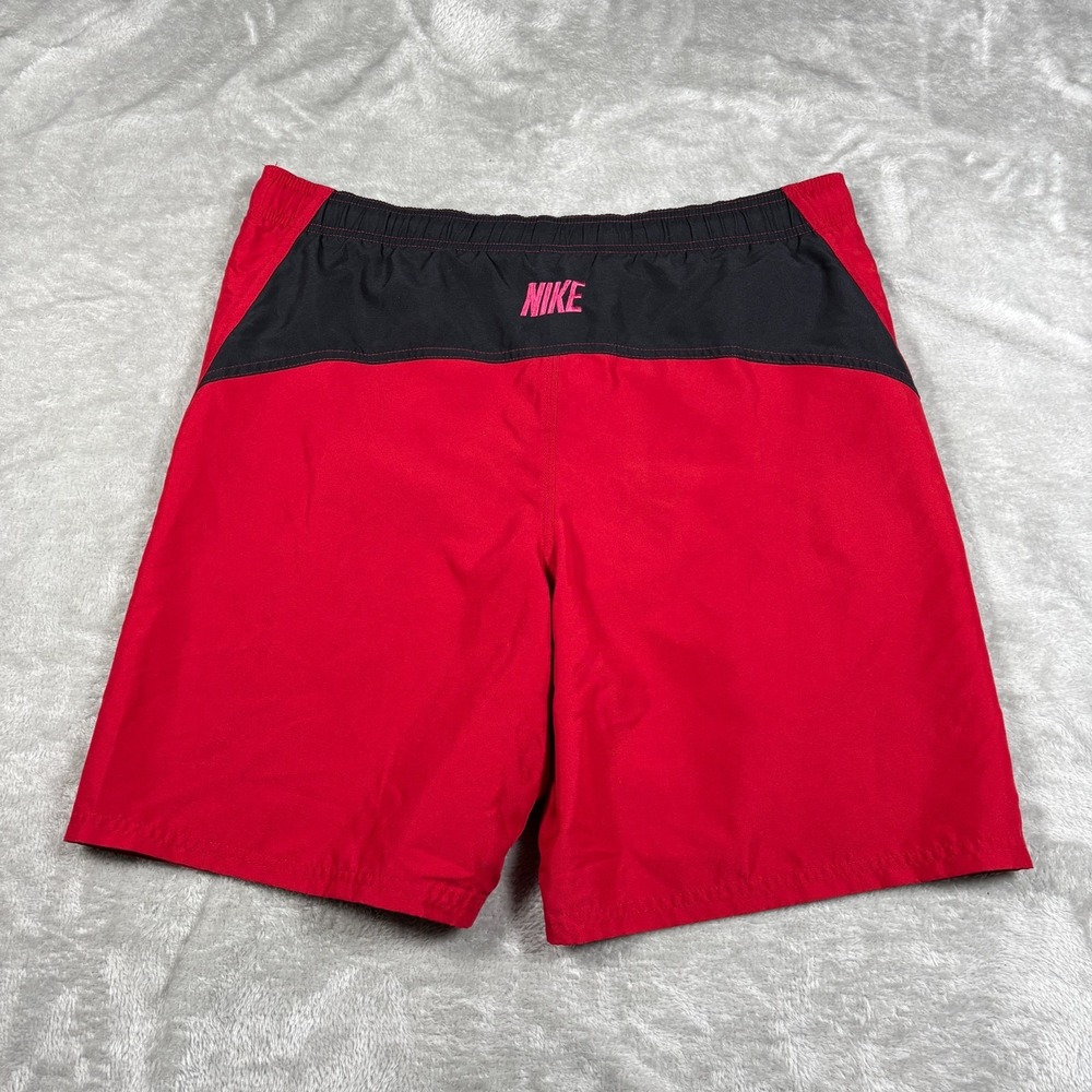 Vintage Nike Swim Shorts Men Small Red Black Silver Tag Board Trunks Embroidered